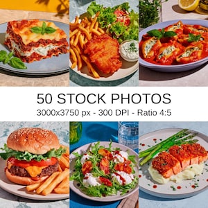 May include: A collection of six food stock photos. Dishes include lasagna, fish and chips with salad, stuffed pasta shells in tomato sauce, a burger with fries, a salad with peaches and burrata, and salmon with asparagus.