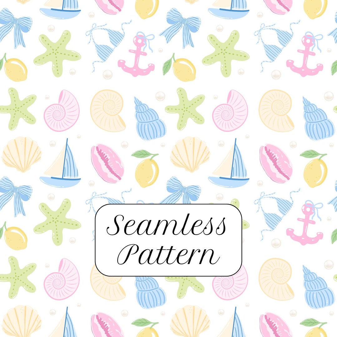 Simple Coastal Pattern Coastal Summer Seamless Pattern, Beach Seashells, Starfish (digital ...
