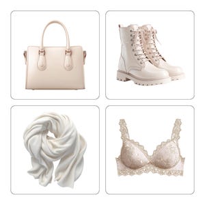 May include: A collection of fashion items, including a cream-colored handbag with top handles, a pair of cream-colored combat boots, a white scarf, and a cream-colored bra with lace detailing. All items are displayed on a white background.