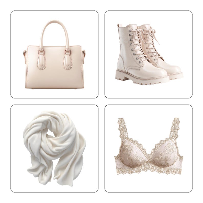 May include: A collection of fashion items, including a cream-colored handbag with top handles, a pair of cream-colored combat boots, a white scarf, and a cream-colored bra with lace detailing. All items are displayed on a white background.