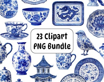 Blue Chinoiserie Porcelain Clipart Bundle, Chinese Ceramic, Delft Pottery (PNG)