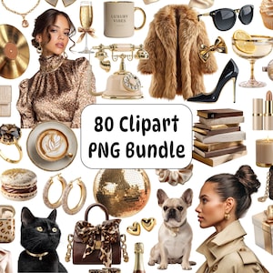 Op de afbeelding: Een verzameling gouden en bruine clipart-afbeeldingen, waaronder een bontjas, hoge hakken, een koffiekopje, een discobal, een zwarte kat en een Franse bulldog. De tekst "80 Clipart PNG Bundle" wordt weergegeven.