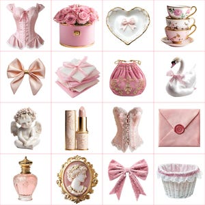 May include: A collection of pink items, including a corset, roses in a round box, a heart-shaped dish with a bow, teacups, a bow, napkins, a pink purse, a swan, an angel statue, lipstick, a corset, an envelope, perfume, a cameo, a bow, and a basket.