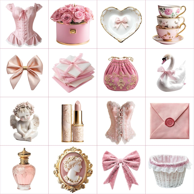 May include: A collection of pink items, including a corset, roses in a round box, a heart-shaped dish with a bow, teacups, a bow, napkins, a pink purse, a swan, an angel statue, lipstick, a corset, an envelope, perfume, a cameo, a bow, and a basket.