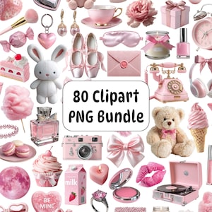 May include: A selection of pink clipart images, featuring a bunny, ballet shoes, a teddy bear, a camera, and a vintage telephone. The text "80 Clipart PNG Bundle" is displayed in a white box. Other items include a teacup, perfume bottle, and macarons.