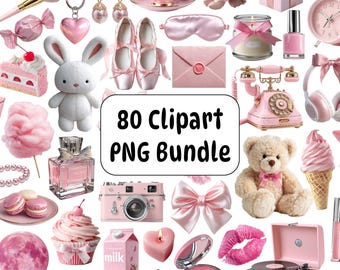 80 Pink Clipart PNG Bundle, Coquette Soft Girl Digital Stickers, Feminine Kawaii Pastel Elements