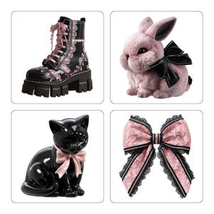 May include: A collection of four items: a black combat boot with pink floral accents, a pink plush bunny with a black bow, a black ceramic cat with a pink bow, and a pink lace bow with black trim.