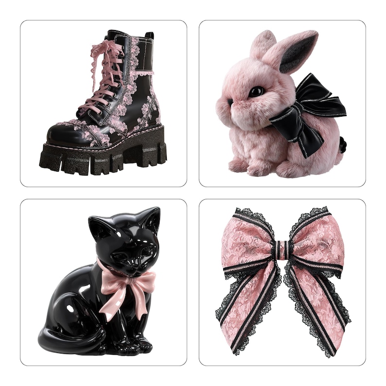 May include: A collection of four items: a black combat boot with pink floral accents, a pink plush bunny with a black bow, a black ceramic cat with a pink bow, and a pink lace bow with black trim.