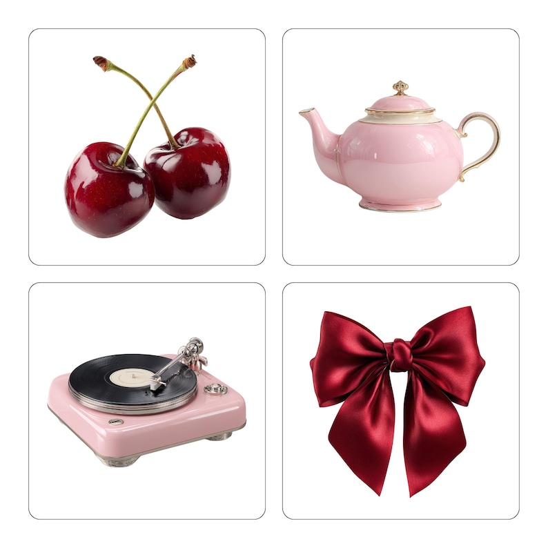 May include: Two ripe cherries with green stems against a white background. A pink teapot with gold trim. A pink record player with a black record. A large, red satin bow.