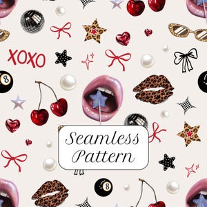 Puede incluir: Patrón sin costuras con cerezas, labios, estrellas, lazos y bolas de discoteca. El diseño incluye el texto "XOXO" y "Seamless Pattern". La paleta de colores incluye rojo, negro, blanco y estampado de leopardo.