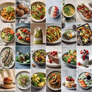 May include: A collage of various healthy food dishes, including salads, tacos, and desserts. The dishes feature fresh ingredients like vegetables, fruits, and nuts, with a focus on vibrant colors and appealing presentation. The image showcases a variety of culinary options.