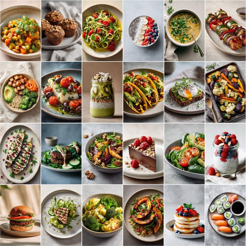 May include: A collage of various healthy food dishes, including salads, tacos, and desserts. The dishes feature fresh ingredients like vegetables, fruits, and nuts, with a focus on vibrant colors and appealing presentation. The image showcases a variety of culinary options.