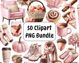 Puede incluir: Una colección digital de 50 ilustraciones estilo acuarela con elementos otoñales en tonos rosa y neutros, incluyendo una cesta de manzanas, un sillón rosa, ramas de canela, una calabaza, calcetines, botas, una bufanda y el texto 50 Clipart PNG Bundle.