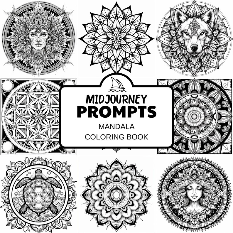 Midjourney Prompts Coloring Page Mandala Theme, Coloring Book, Digital