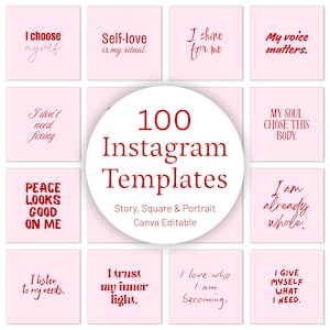 100 Self-Love Quotes Instagram Templates, Canva Editable, Aesthetic Pink Posts, Love Quote, Empowerment Social Media Kit, Motivational Quote