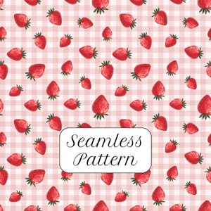 May include: A seamless pattern featuring red strawberries scattered on a pink and white checkered background. The text "Seamless Pattern" is displayed in a white rectangle.