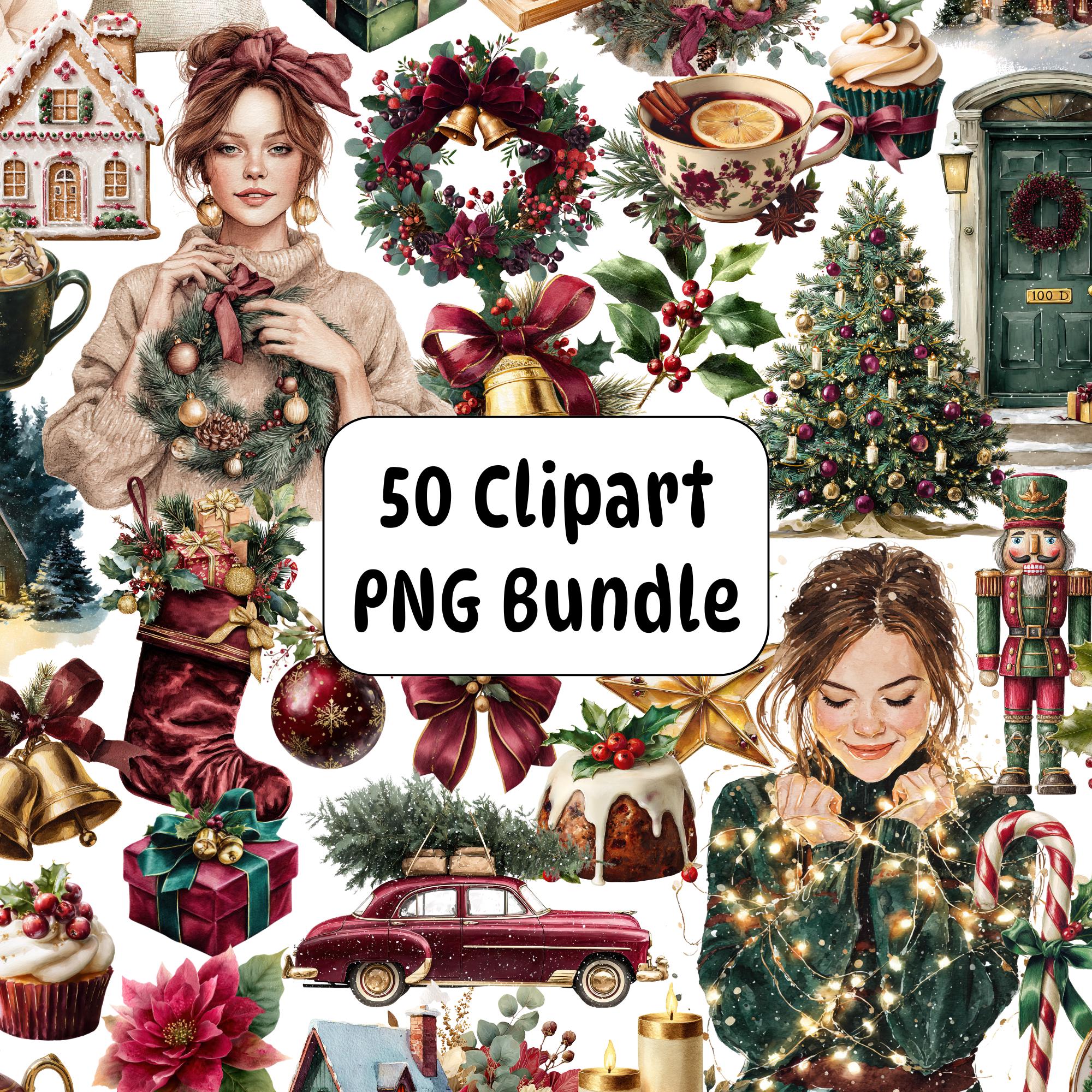 Vintage Christmas Watercolor Clipart PNG Bundle, Cozy Holiday Designs ...
