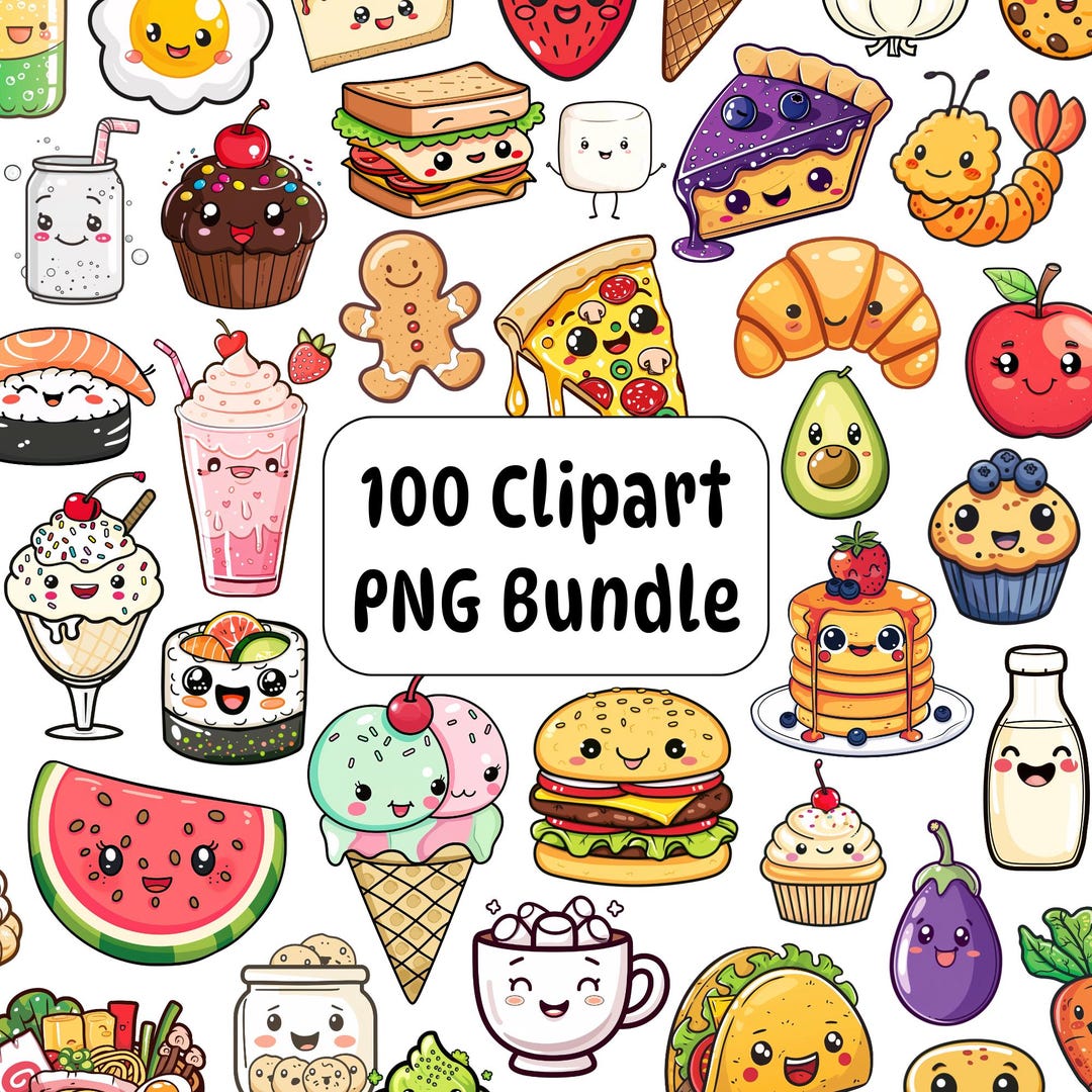 100 Kawaii Food Clipart PNG Bundle, Illustrations (digital Download) - Etsy