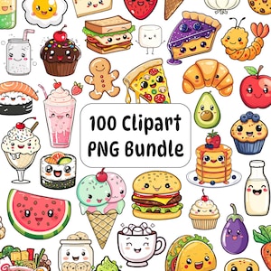 100 Kawaii Essen Clipart PNG Bundle, süße Cartoon Snacks Desserts, Aufkleber, Planer, Karten, Canva, Scrapbooking, süßes Essen Clipart, Kawaii