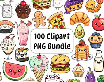 100 kawaii mat clipart PNG-paket, illustrationer (digital nedladdning)