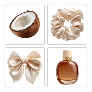 May include: A halved coconut with white flesh and a brown shell. A beige satin scrunchie. A beige satin bow. A brown perfume bottle with a gold cap.