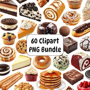 Realistic Dessert Clipart PNG Bundle, Bakery Sweets, Donuts, Cakes, Pastries, Cupcakes, Ice Cream, Chocolate, Commercial Use, Food Clipart