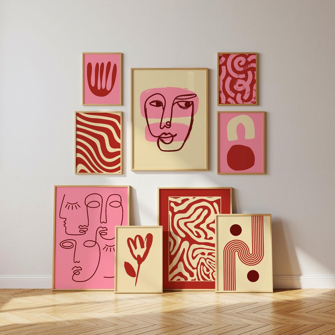 50 Mid Century Modern Wall Art Abstract Pink Red Prints Scandinavian ...