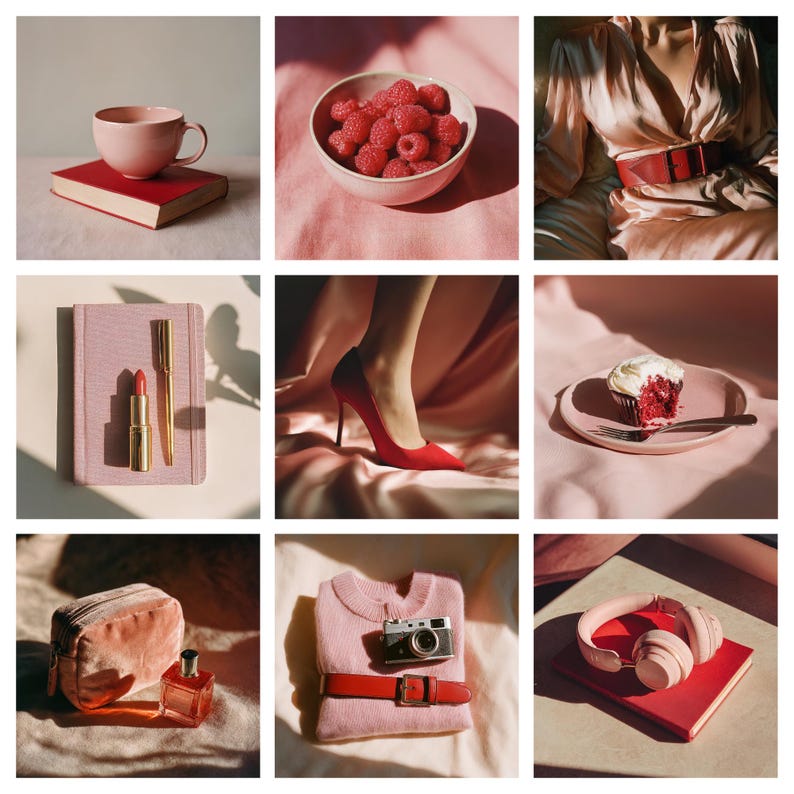 May include: A collage of nine images with pink and red items. A pink teacup on a red book, a bowl of raspberries, a woman in a pink dress with a red belt, a pink notebook with a lipstick and pen, a red high heel, a cupcake, a pink cosmetic bag and perfume, a pink sweater with a camera and belt, and pink headphones on a red book.