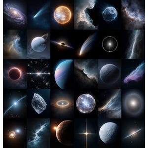 May include: A grid of 25 images depicting various celestial objects against a black background. The images include galaxies, planets, nebulae, comets, and stars, showcasing a range of colors and textures. The overall theme is space and astronomy.