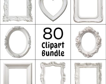 White Ornate Frame Clipart PNG Bundle, Vintage Baroque Rococo Frames
