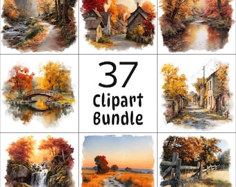 37 Autumn Watercolor Landscape Clipart PNG Bundle, Cottagecore Fall Nature