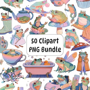 Cute Frog Clipart PNG Bundle, Aesthetic Kawaii Frog Stickers with Transparent Background, Whimsical Frog Art for Commercial Use, 300 DPI