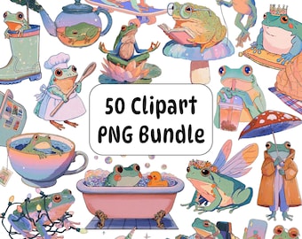 Frog Clipart PNG Bundle, Kawaii Frog Stickers, Commercial Use