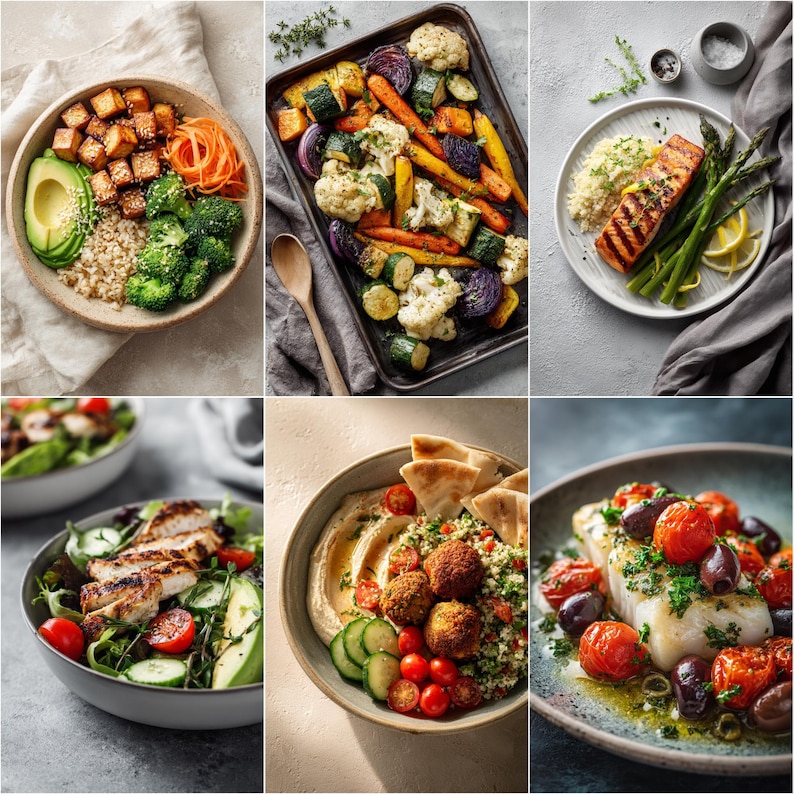 May include: A collage of six images showcasing various healthy meals. Dishes include a grain bowl with tofu and avocado, roasted vegetables, grilled salmon with asparagus, a chicken salad, falafel with hummus, and baked fish with tomatoes and olives.