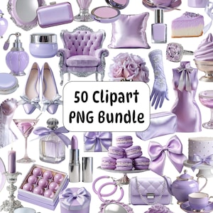 Może przedstawiać: Kolekcja różnych obrazów clipart w kolorze fioletowym, w tym mały fotel, buty, sukienka, torebka i zestaw do herbaty. Tekst "50 Clipart PNG Bundle" jest wyświetlany w białym prostokącie.