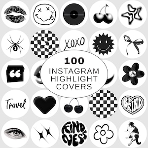 Puede incluir: 100 cubiertas de destacados de Instagram en blanco y negro con varios diseños, que incluyen una araña, un patrón a cuadros, un corazón, una flor, una cereza, un sol, un lazo, un disco, una cara sonriente, un par de labios, una cita, un gato y las palabras "XOXO", "Viaje", "Encuentra tu sí", "Sé amable" y "66".