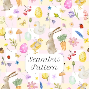 May include: Watercolor Easter-themed seamless pattern featuring bunnies, chicks, eggs, flowers, butterflies, and carrots on a checkered background. The text "Seamless Pattern" is displayed in a white rectangle.