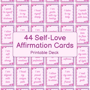 Tarjetas de Afirmación de Amor Propio – 44 Tarjetas Imprimibles para Mujeres – Baraja Digital Rosa Pastel – Autocuidado, Sanación, Frases Dulces, Descarga Instantánea