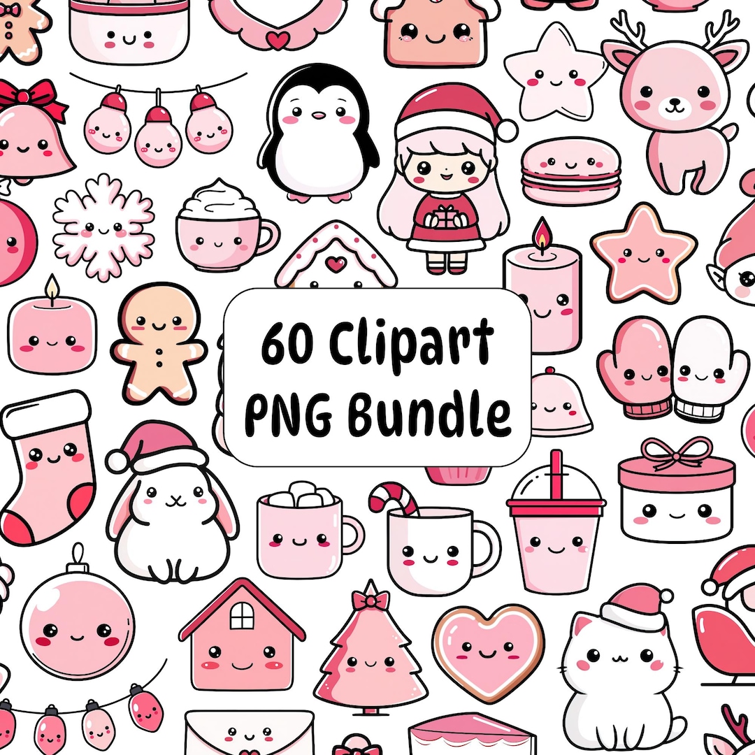 60 Kawaii Christmas Clipart PNG Bundle, Pink Red White Holiday Winter ...