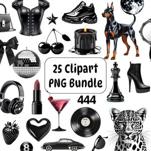 以下が含まれることがあります： コルセット、スニーカー、ドーベルマン、ディスコボール、キャンドル、マティーニ、レコード、ヒョウなど、白黒のクリップアート画像のコレクション。「25 Clipart PNG Bundle 444」と書かれたテキスト。