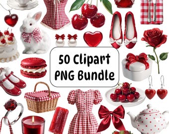 50 Red Gingham Clipart PNG Bundle, Cottagecore Scrapbook Stickers (Digital Download)