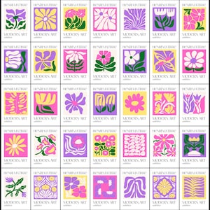 May include: A grid of colorful floral art prints. Each print features a unique flower design in vibrant colors like pink, yellow, purple, and green. The prints are labeled "HENRI MATISSE" and "MODERN ART".
