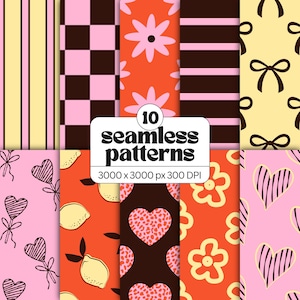 May include: A digital collection of 10 seamless patterns featuring various designs including vertical stripes, pink and brown checkers, orange flowers, horizontal stripes, brown bows on yellow, heart lollipops, lemons, and hearts.