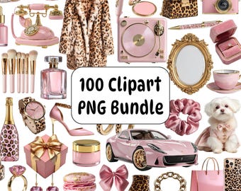 Luxury Pink Leopard Clipart PNG Bundle, Glam Fashion Graphics