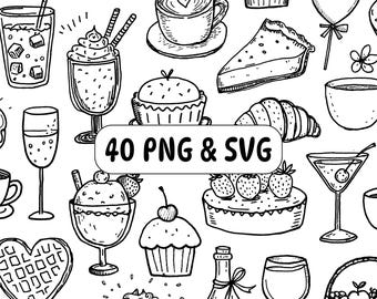 40 Food & Drink Doodle Clipart PNG SVG Bundle: Handgezeichnete Café-Linienzeichnungen (Digitaler Download)