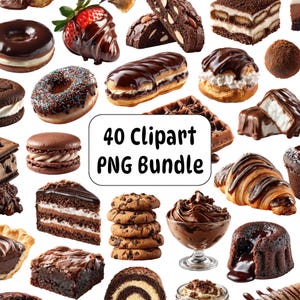 Op de afbeelding: Een verzameling van diverse chocolade desserts, waaronder donuts, eclairs, koekjes en cakes. De afbeelding toont een verscheidenheid aan gebakken producten met chocolade glazuur en vullingen. Tekst op de afbeelding luidt "40 Clipart PNG Bundle."