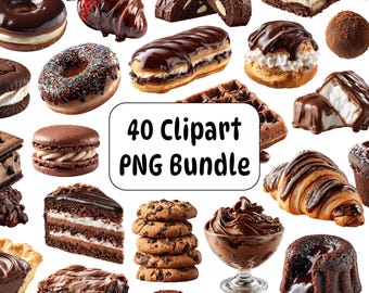 40 Chocolate Dessert Clipart PNG Bundle, Bakery Pastry Stickers