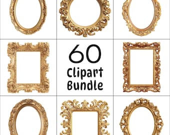 60 Gold Vintage Frame Clipart, Ornate Baroque PNG Bundle