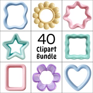 May include: A collection of colorful clipart frames in various shapes, including a wavy rectangle, a flower, a star, and a heart. The image also includes the text "40 Clipart Bundle" in black.