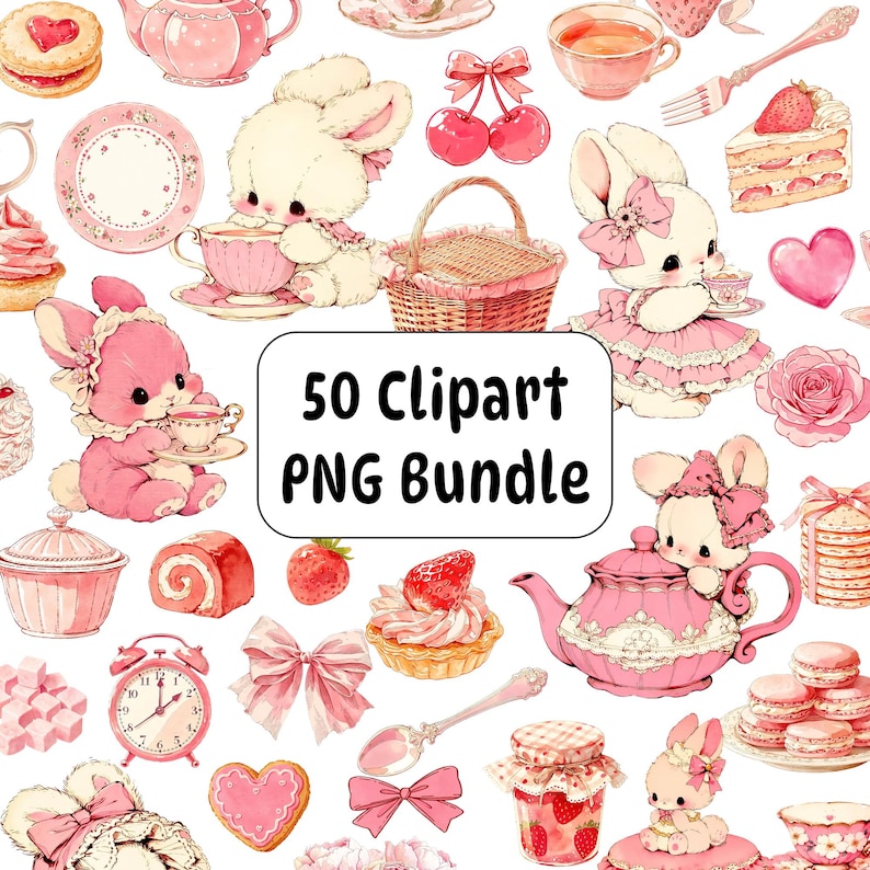 50 Tea Party Bunny Clipart Bundle, Kawaii Coquette Hand Drawn PNG, Pink ...
